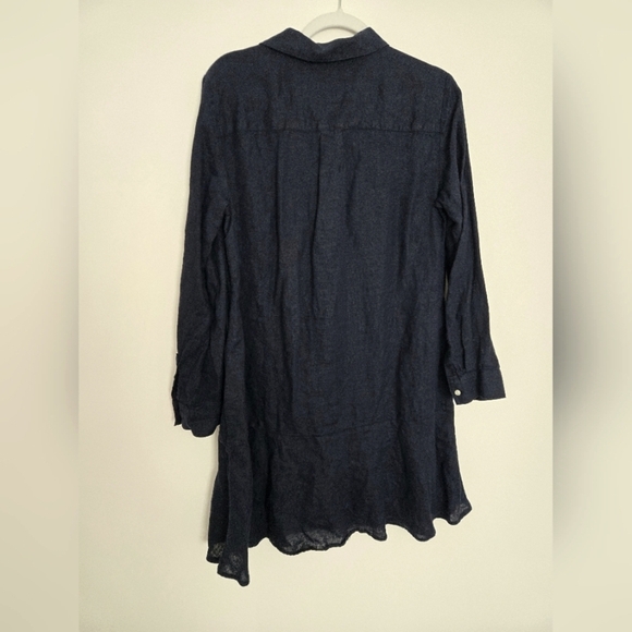 Talbots 100% Linen Navy Button-Up Shirt Dress double pocket flutter hem | Size M - Picture 4 of 5